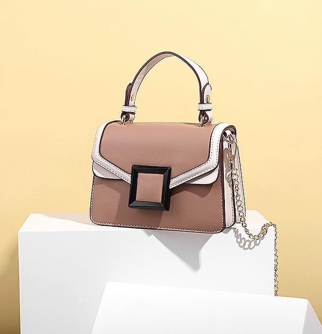 Diva Dale Women's Handbag | Elegant Faux Leather Shoulder Bag with Stylish Buckle & Gold Chain Sling | Trendy Crossbody Purse for Women – Beige & White (Peach)