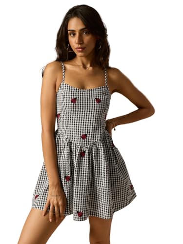 The Souled Store Gingham Dress: Ladybug Women and Girls Sleeveless Square Neck Black White and Red Embroidered Cotton Fit and Flare Smocked Back Casual Summer Everyday Comfortable Trendy Mini Dresses