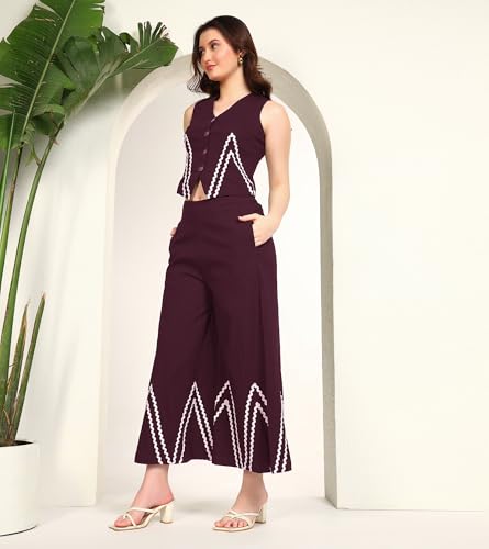 DEEBACO Women's Solid Lycra Ankle Length Waist Coat with Palazzo|V-Neck|Cord Set for Women Fashion|Long Jumpsuits Western Dress for Women Stylish|Two Piece Co ord Set|Casual Wear(DBCO00002278_L_Wine)