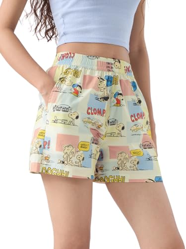 The Souled Store Peanuts: Snoopy Women and Girls Pull On Yellow All Over Printed Cotton Boxer Shorts