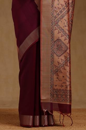 Soch Womens Wine Tussar Botanical Printed Saree