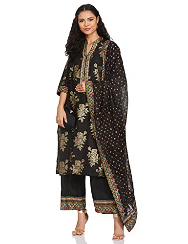 BIBA Cotton Women Printed Straight Salwar Kurta Dupatta(Skdbandhej 7509_Black_32)