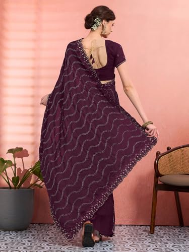 AKHILAM Women's Wine Tissue Geometric Printed Saree With Unstitched Blouse Piece (KRIYNS4905_KH)