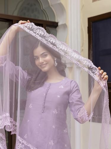 TRENDMALLS Women's Art Silk Embroidery A line Kurta Pant with Dupatta Salwar Suit Set (G278-Purple-XXL-)