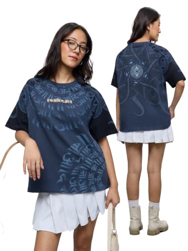 The Souled Store Desi Drop: Na Aadi Na Ant: Women and Girls Short Sleeve Round Neck Navy Blue Graphic Printed Cotton Breathable Streetwear Casual College Oversized T-Shirts