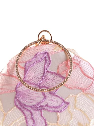 THE TAN CLAN Pink Floral Embroidered Clutch Purse For Women Stylish Bridal Handbag Round Designer Clutch Bag For Women Wedding Ethnic Fancy Purse With Chain And Metal Handle Luxury
