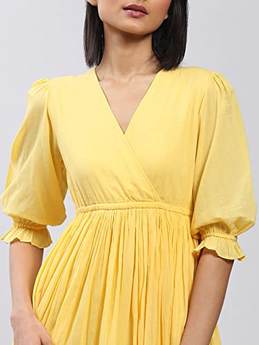 Label RITU KUMAR V Neck 3/4 Sleeves Solid Short Dress Yellow