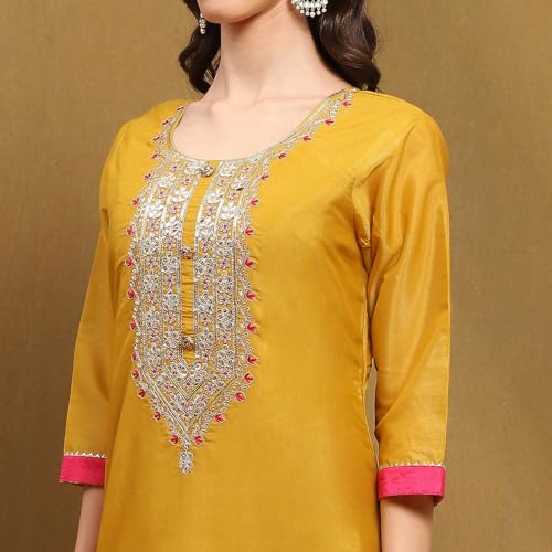 BIBA Women's Yellow Tissue Machine Embroidered Unstitched Suit Set