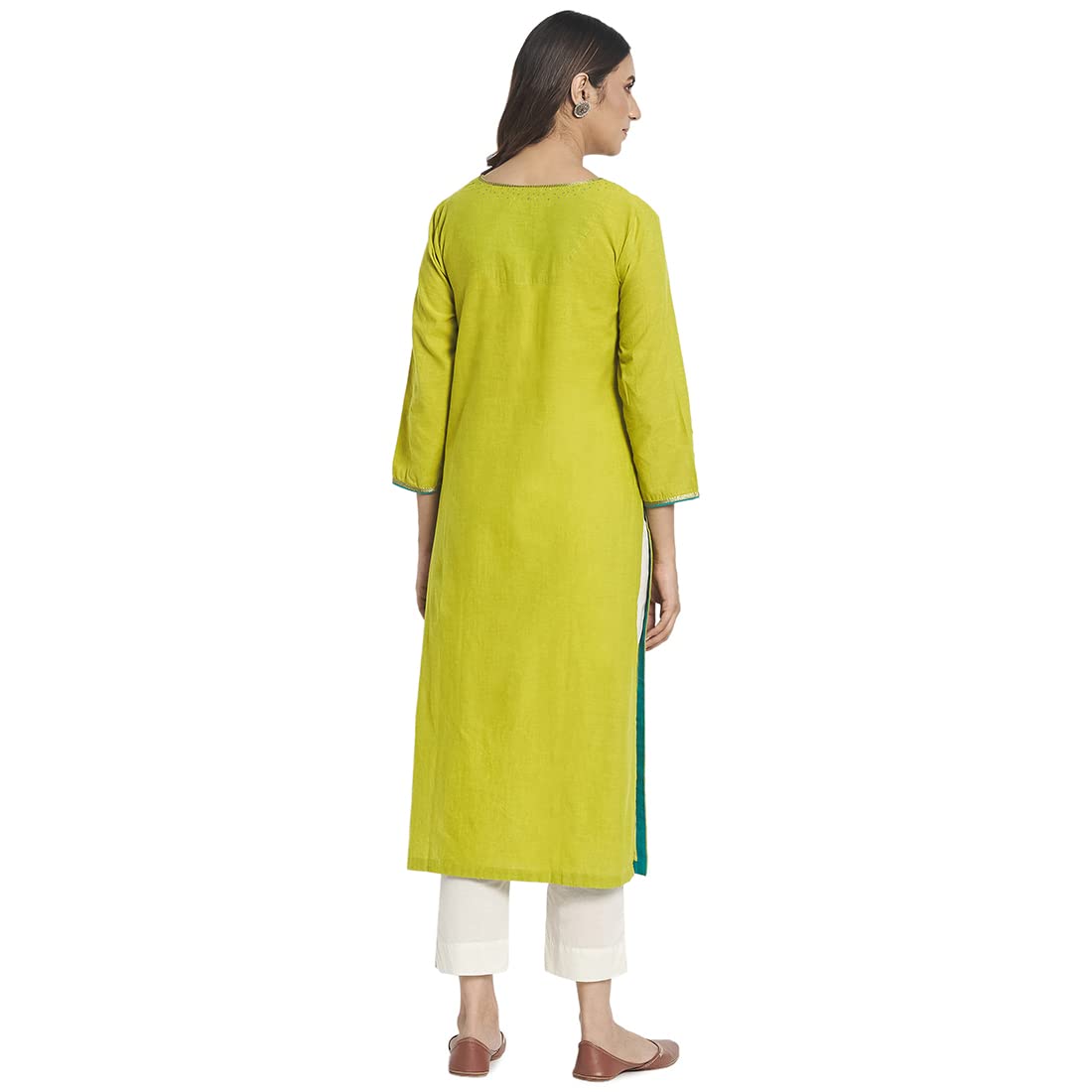 Fabindia Women Cotton Embroidered Long Kurta Green_XS