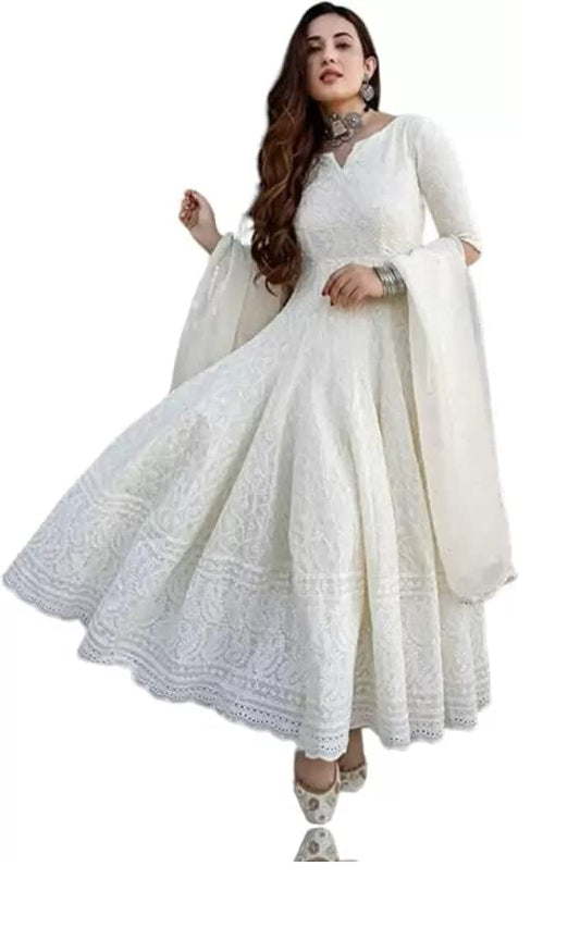 Royal Export Women's Cotton Blend White Chikankari Anarkali Gown with Dupatta | Dresses for Girls | Pant Not Included-XXL