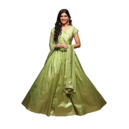 BIBA Tafetta Silk Women Printed Flared Salwar Kurta Dupatta(Skdsummer S8500_Lgreen_42), Lehenga Choli Set, Readymade