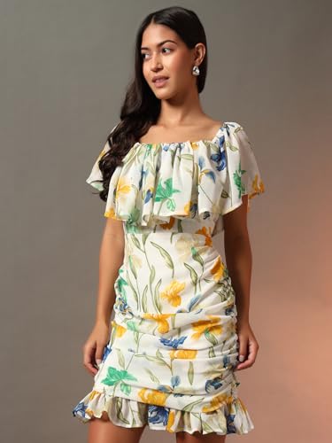 Trend Arrest.ed Women's Floral Ruched Mini Dress | Off-Shoulder Ruffle Neckline | Fully Lined Short Dress | Casual Summer Brunch & Vacation Wear (D5271_Cream 2_L)