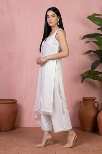 W for Woman White Lace Floral Printed Straight Kurta With Parallel Pants And Brasso Dupatta Set - (WS13806-127583-S)