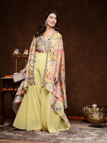 Stylum Women's Printed Party Wear Georgette Palazzo & Blouse with Jacket (PCJPOTTERBEIGE38_Beige, M)