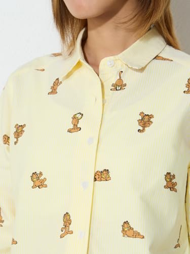 The Souled Store Garfield: Poses Women and Girls Long Sleeves Spread Collar Light Yellow Embroidered Cotton Relaxed Fit Lightweight All-Season Comfortable Stylish Everyday Shirt