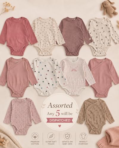 TuddyBuddy 100% Cotton Multi Color Romper/Bodysuit/Onesies for Baby Girl - (Pack of 5-2 Solid 3 Printed - Long Sleeves, 9 Months-12 Months)