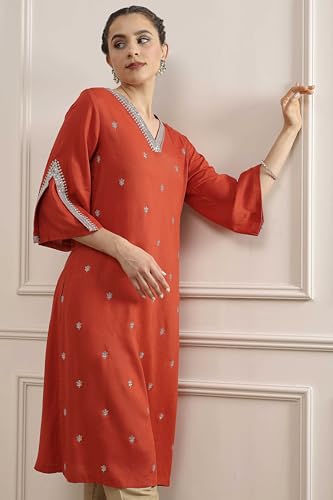 Biba Women Orange Viscose Rayon Straight Solid Kurta_40