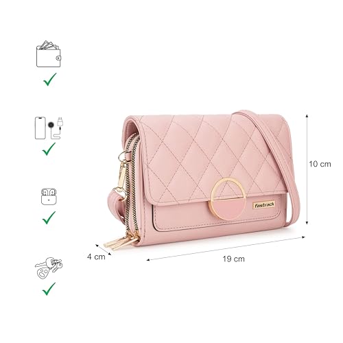 Fastrack Quilted Envelope Clutch For Women, Girls and Ladies | with Dual Zip Compartments & Detachable Sling Straps | Ladies Purse Handbag | Clutch For Casual Carry, Pink
