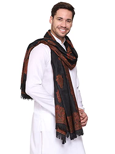 Weavers Villa Men's Woven Poly Wool Blend Gents Shawls, Muffler, Stoles for Men (Black), 100cm x 200cm