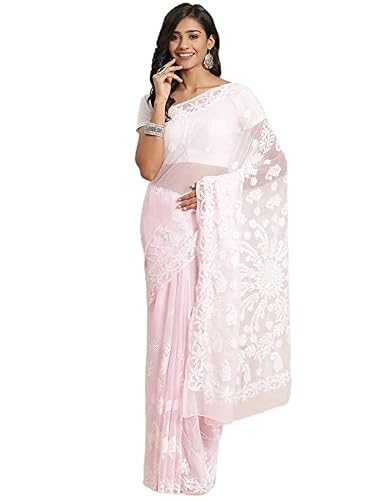 Ada Women's Hand Embroidered Lucknow Chikan Faux Georgette Saree with Unstitched Blouse A311337 Baby Pink