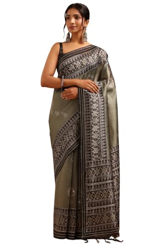 Soch Womens Olive Tussar Kantha Embroidered Saree With Mirror Work