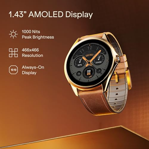 boAt Ultima Aeris 1.43" AMOLED Display, 1000 nits Brightness, Ultra Slim 8mm Metal Build, IP68, Auto HR & SpO2 Monitoring, Sleep & Stress Tracking, Stylish Smartwatch for Men & Women(Tan Brown)