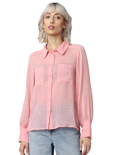 ONLY Women Solid Polyester Regular Fit Pink Shirt