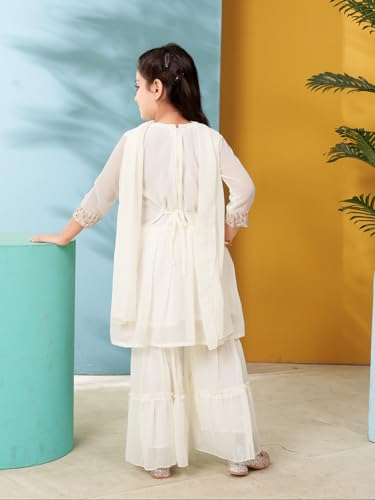 Aarika Girls Ethnic Wear Cream Colour Thread Sequin Embroidery Georgette Kurti Sharara Set (5-11 Years)