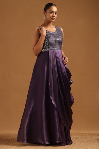 Soch Womens Purple Tissue Embellished Gown with Mirror Work