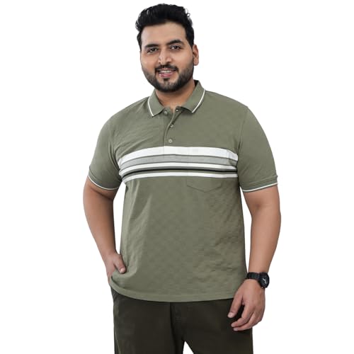 JOHN PRIDE Plus Size Men Regular Fit Striped Green Stretchable Polo Collar T-Shirt (JPTSC32430_10XL_Green)