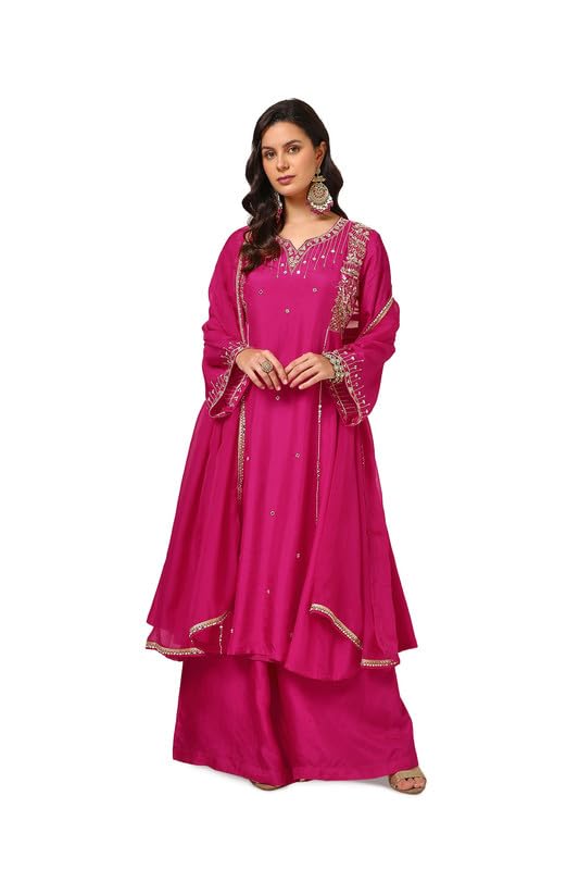 Soch Womens Fuchsia Dupion Silk Suit Set With Mirror Work