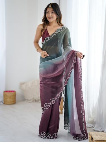 AKHILAM Women's Metallic Satin Ombre Printed Saree With Unstitched Blouse Piece (AARYAN20703_KR)