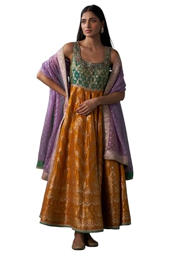 Wishful Women's Yellow and Green Zardozi Embroidered Jacquard Anarkali Kurta with Churidar and Dupatta Set (SP12840-314439-L)