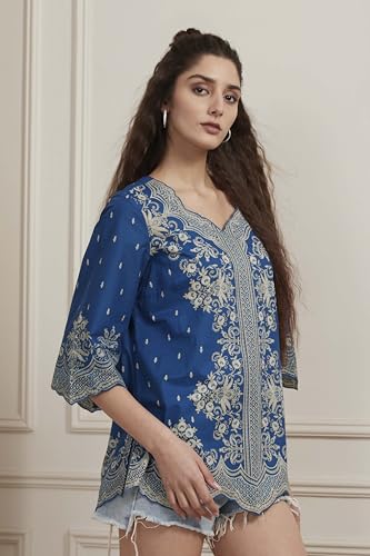 Biba Women Blue Cotton Straight Short Kurti_34