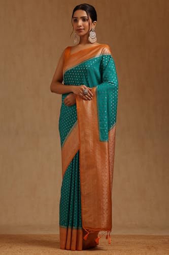 Soch Womens Teal Viscose Silk Geometric Zari Woven Saree