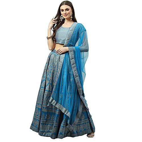 BIBA Women's Polyester Readymade Printed Flared Salwar Kurta Dupatta Lehenga Choli Set (Skdfestive 8367_Turquoise_42)