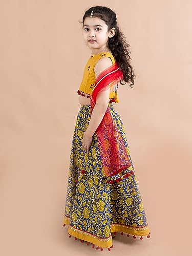 Pspeaches Girls Cotton Navy Blue Mustard Embroidered Ready To Wear Readymade Lehenga Set Blouse With Dupatta (Blue-8-10Y), 8-10 Years
