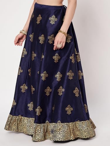 studio rasa Women's Dupion Block Printed Ruffle Bias Skirt for Wedding Festive Party(SKTC62507XL_Navyblue_X-Large)
