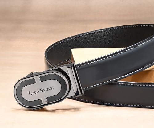 LOUIS STITCH Premium VT Leather Men's Auto Lock Belt | No Holes Belts for Men | Leather Belt for Gents (LSBE-SY-ALGY32-ALGB)