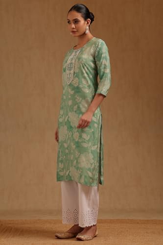 Soch Womens Light Green Muslin Botanical Print Kurta with Thread Work