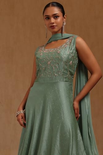 Soch Womens Turquoise Blue Vichitra Embroidered Gown with Cutdana