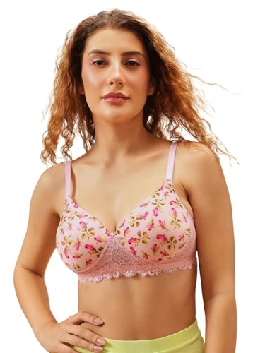 Clovia Women's Padded Non-Wired Full Coverage Floral Print Multiway T-Shirt Bra (BR1806D22_Pink_34D)