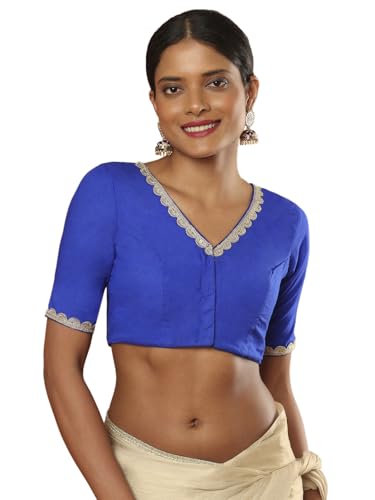 SALWAR STUDIO Blue Rayon V Neck Elbow Sleeves Readymade Saree Blouse