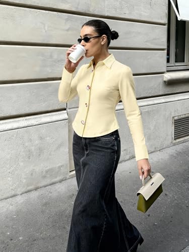 The Souled Store Buttoned in Bento Women and Girls Full Sleeves Spread Collar Light Yellow Embroidered Cotton Slim Fit Comfortable Everyday Shirt for Casual Wear