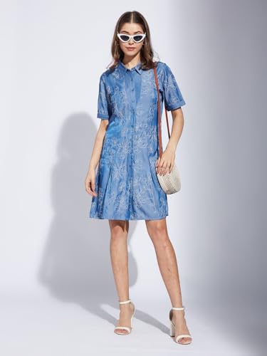 Latin Quarters Women Blue Collar Neck Half Sleeve Printed Shirt Dress_L