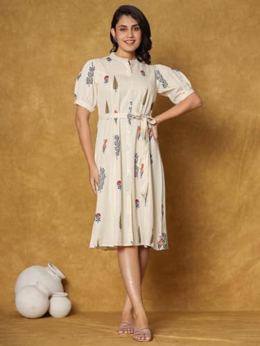 INDO ERA Women's A-Line Cotton Printed Floral Dress (White_IEOUT10068_Medium)