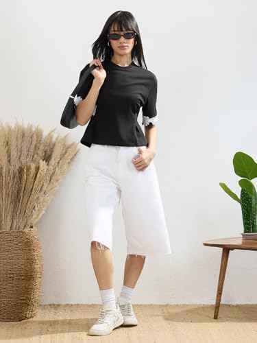 The Souled Store Street Solids: Shadow Women and Girls Short Sleeves Round Neck Black Embroidered Cotton Oversized Breathable Side Slit Streetwear Lightweight Oversized T-Shirt