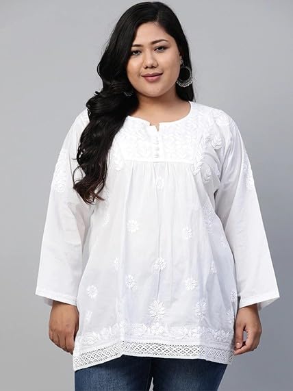 Ada Hand Embroidered Lucknow Chikankari White Cotton Short Kurti Top Tunic for Women A208706 (2XL)