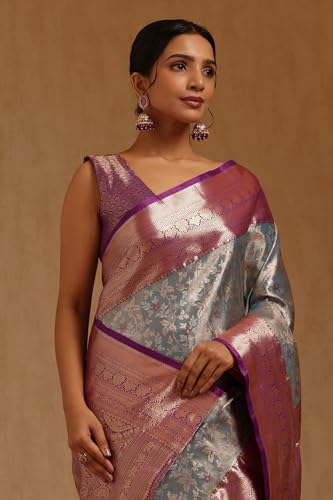 Soch Womens Powder Blue Silk Blend Floral Zari Woven Saree