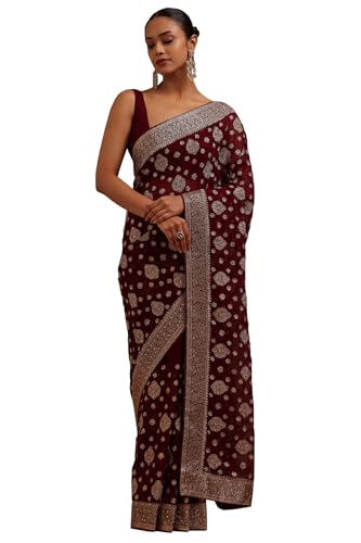 Soch Womens Wine Georgette Embroidered Saree With Stone Work